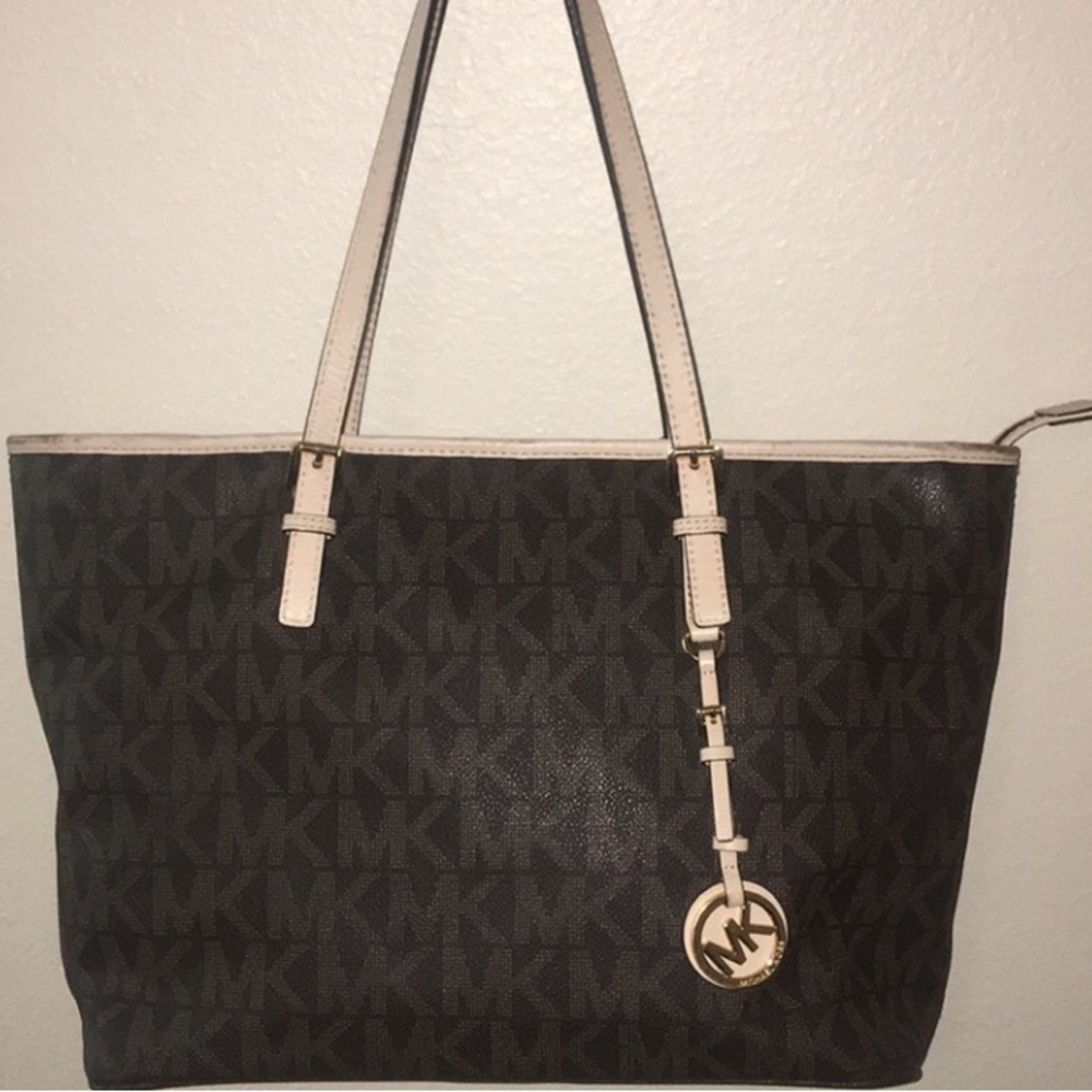Michael Kors Brown and Cream Zip Top jet set  Tote Bag